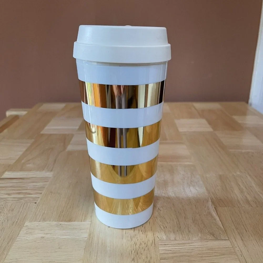 Kate Spade New York Thermal Travel Coffee Mug Tumbler 16 Ounces Gold Stripe - Picture 2 of 9